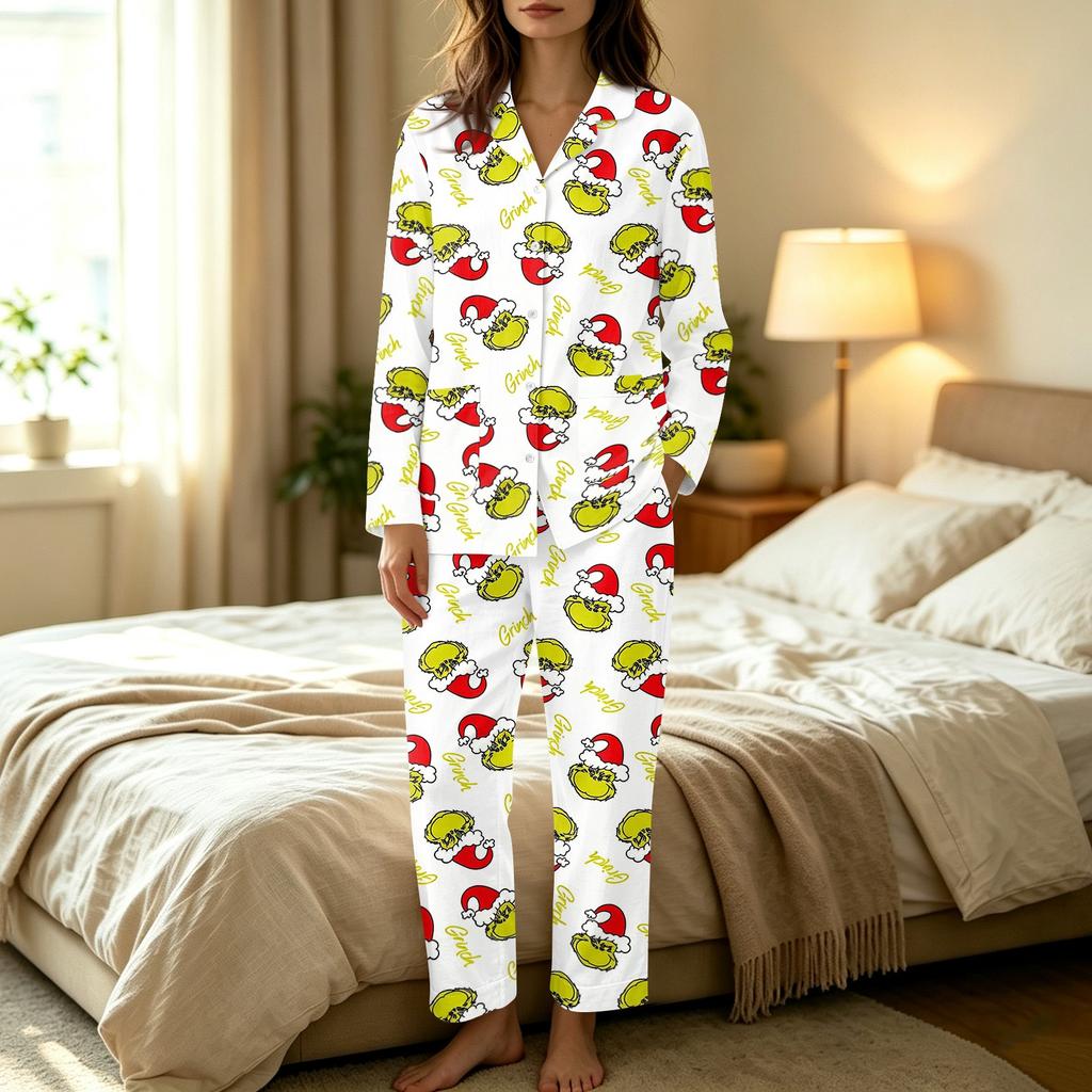 Women's Casual Long Sleeve Set with Pants, Holiday Print, Comfortable Loungewear for Home