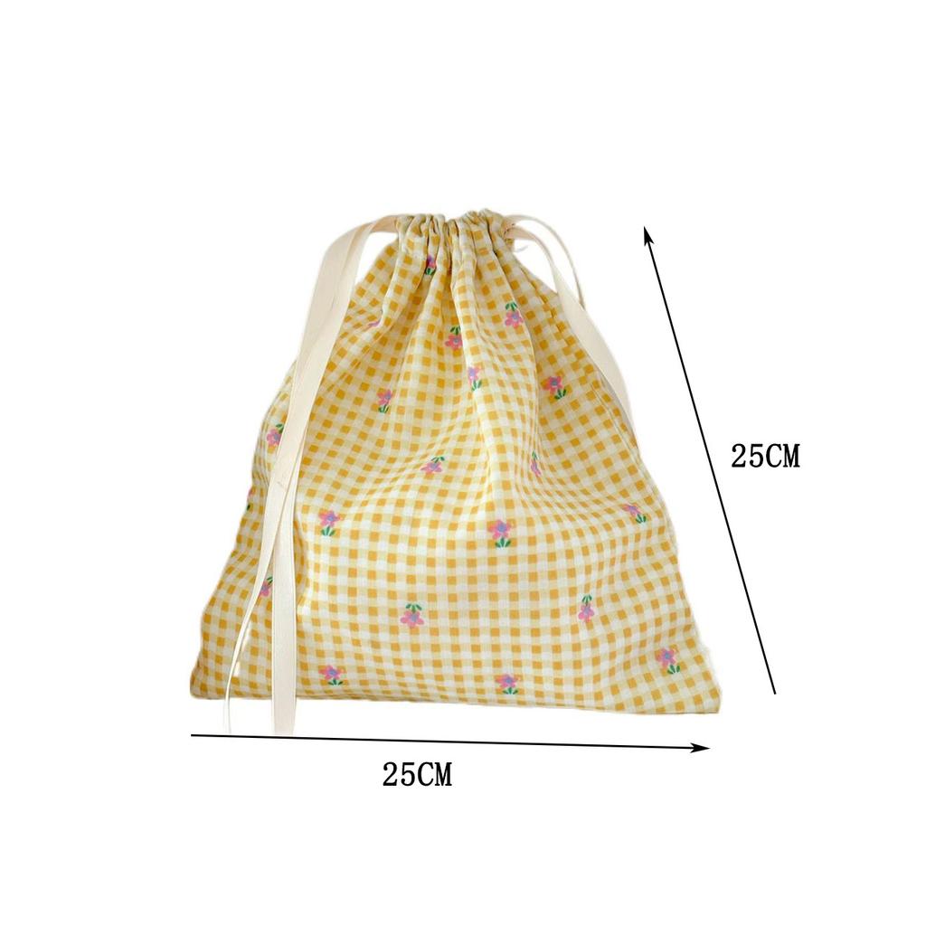 Yellow Grid Flower Drawstring Bag Fabric Travel Organizer Bags Portable Miscellaneous Sorting Bag Large Drawstring Bags Pouch