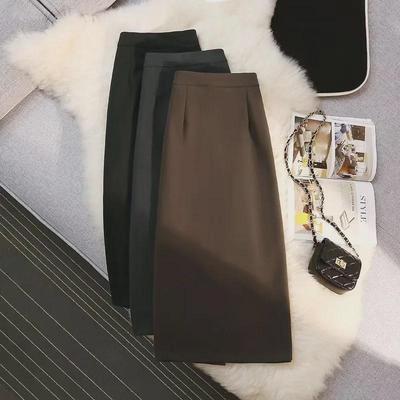 High Waist Slim Woolen Slit Skirt for Women - Mid-Length A-Line, Autumn/Winter Style
