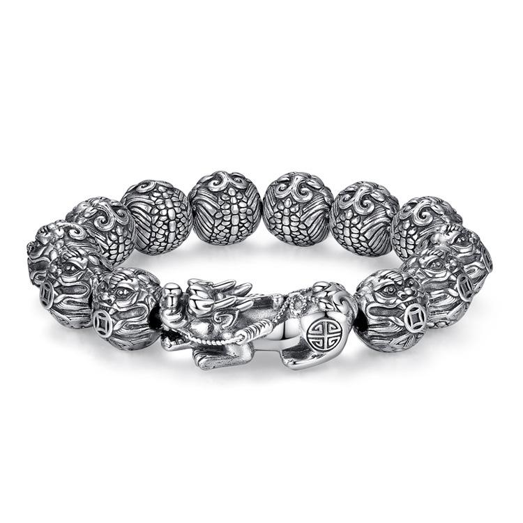 Men's Pixiu Thai Silver Dragon Head Prayer Beads Bracelet