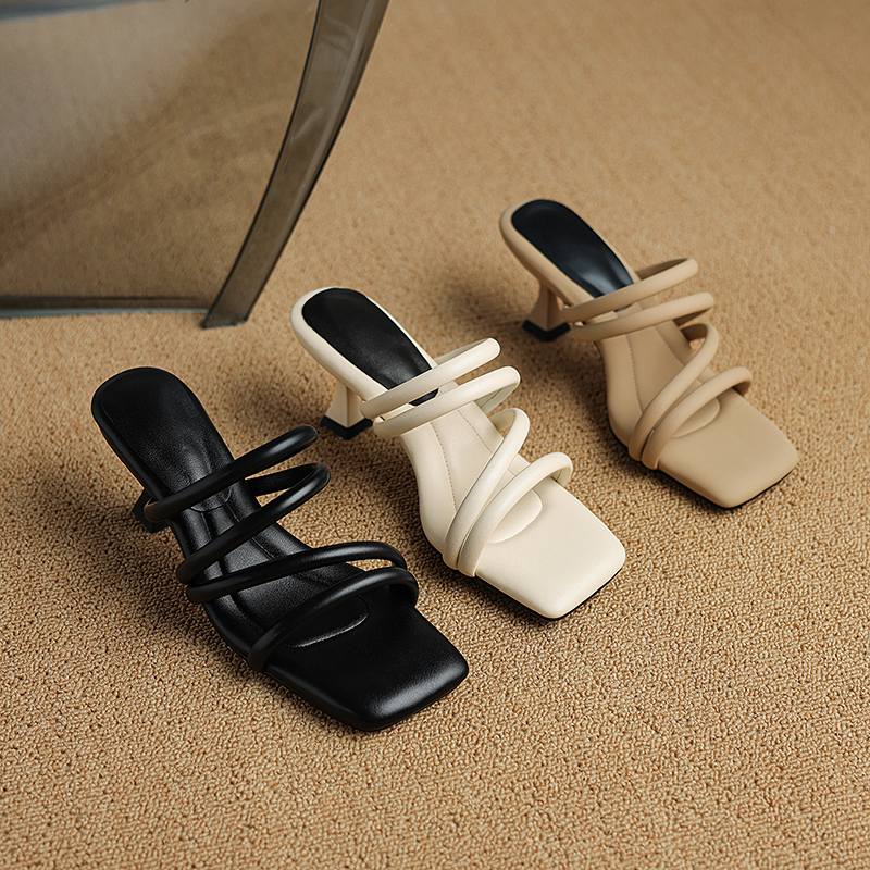 Krazing Pot Mules Mikrovlákno Peep Toe Stiletto Tenké vysoké podpatky Letní boty Velikost 44 Velikost 43 Crystal Dámské Sandály