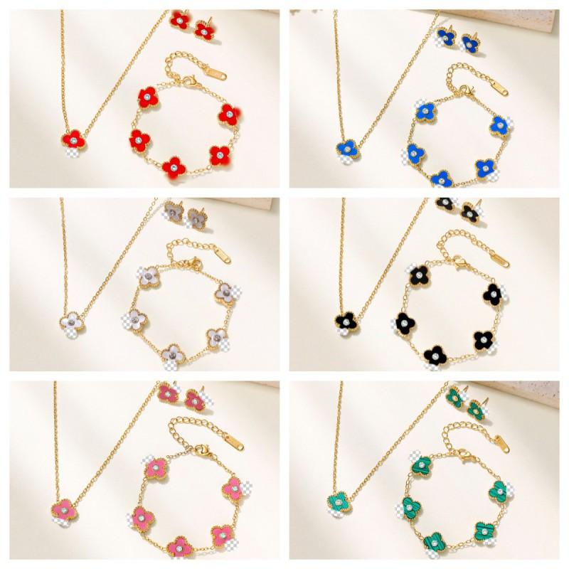Stainless Steel Four Leaf Clover Necklace Set With Earrings Bracelet Hypoallergenic Titanium Jewelry Women