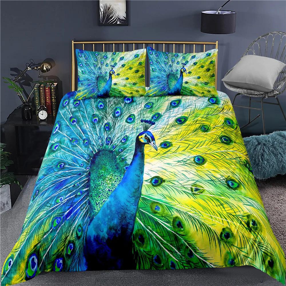 Peacock Duvet Cover Plum Blossom Decor Bedding Set King Size Crane Peacock Feather Floral Pattern Romantic Polyester Quilt Cover