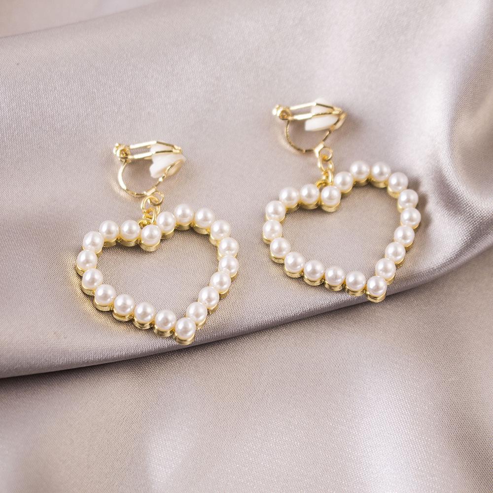 Elegant Pearl Heart and Triangle Ear Clips - No Piercing Needed, Trendy and Versatile Earrings for Women