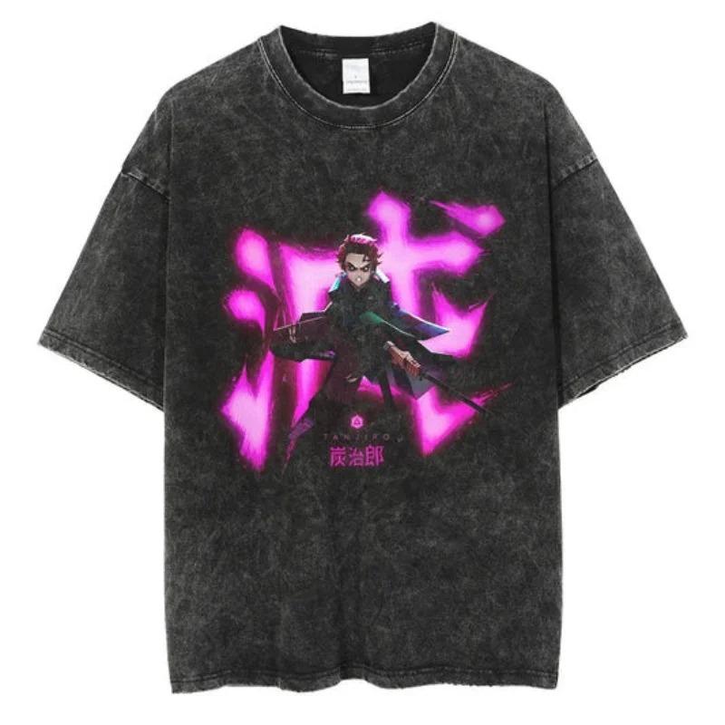 2026 Anime Demon Slayer Retro Washed T-shirt Men's and Women's New Summer Clothing Breathable Fashion Top Streetwear Peripheral Tee