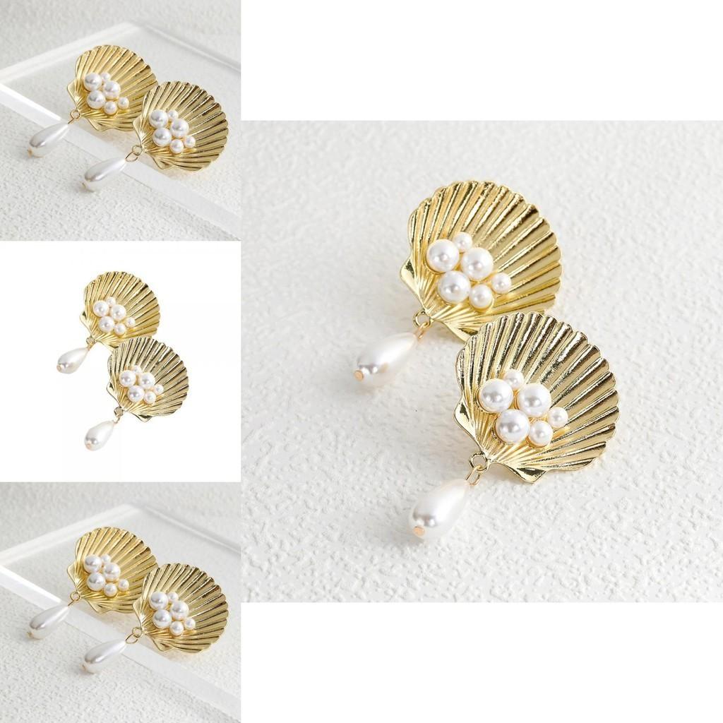 Trendy European American Natural Shell Pearl Earrings Chic Geometric Design Stylish Gold Alloy Jewelry