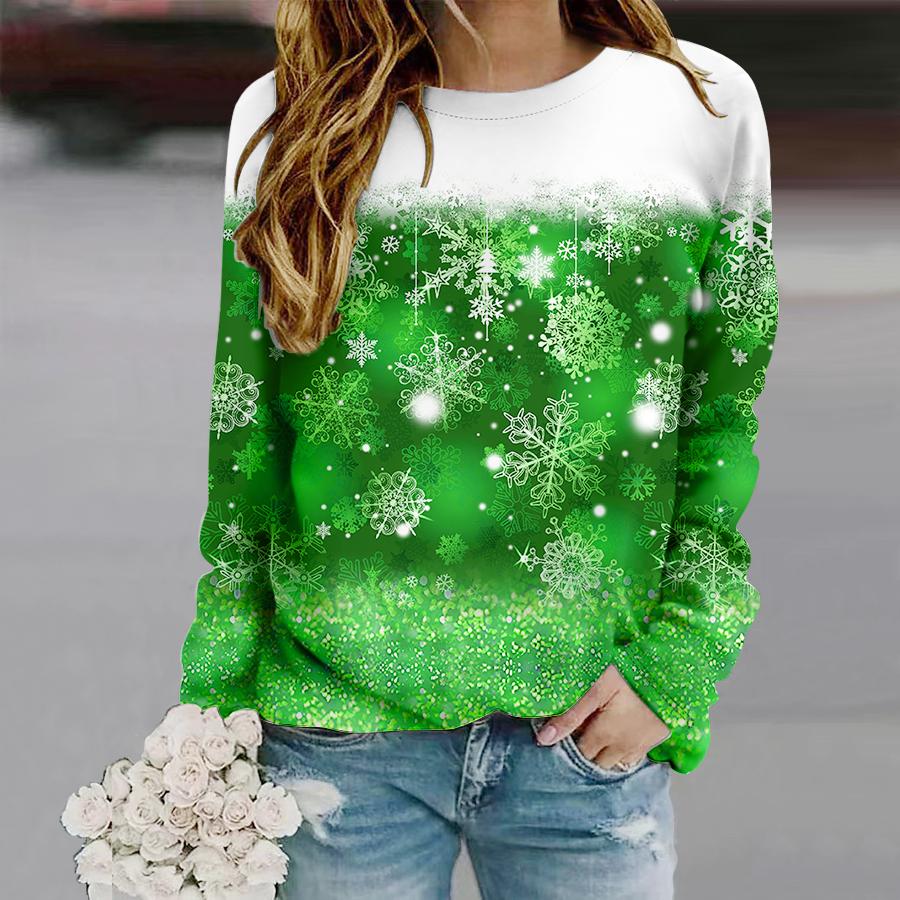 Tops For Women Beautiful Snowflakes Print Round Neck Long Sleeve T-shirt Fall Casual Slim Pullover Women's Long Sleeve Top