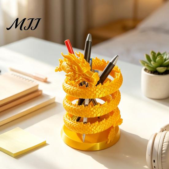 Auspicious Dragon Desktop Ornament Coiled Pen Holder, Chinese Style Pencil Unique 3D Printed Desk Decor Organizer, Stationery Storage Container