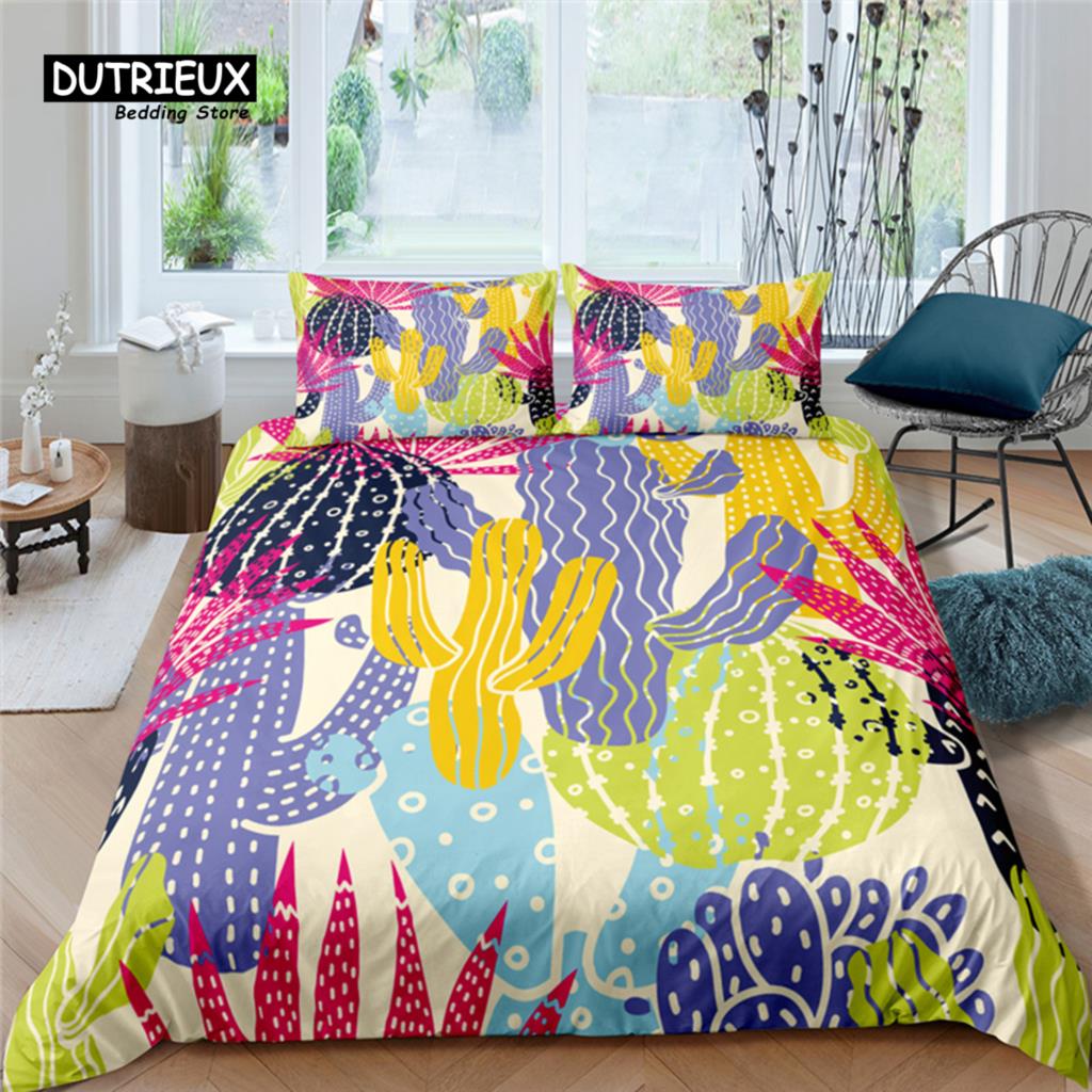 Home Living Luxury Color Cactus Print 2/3Pcs Duvet Cover Set Pillowcase Queen Size And King Size Kid Bedding Set Eu/Us/Au Size