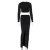 Solid Metal Buckle Two Piece Set Party Dress Women Sexy Ruched Strapless Long Sleeve Crop Top High Waist Bodycon Maxi Skirts