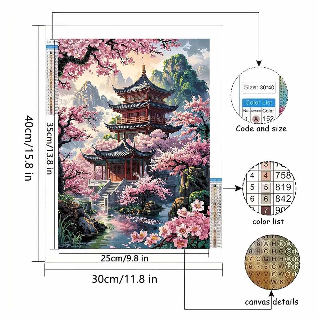 Diamond Painting Set DIY 5D Full Diamond Chinese Pavilion Cherry Blossom Scenery Crafts for Home Wall Decoration