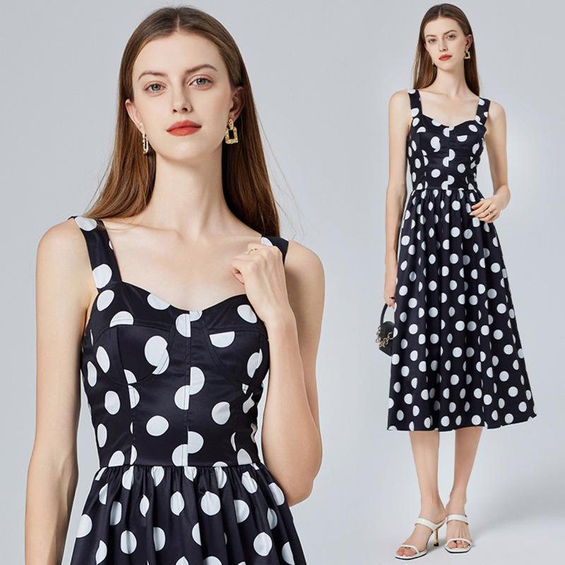 Summer Women Vintage Polka Dot Print Spaghetti Strap Long Midi Party Dresses