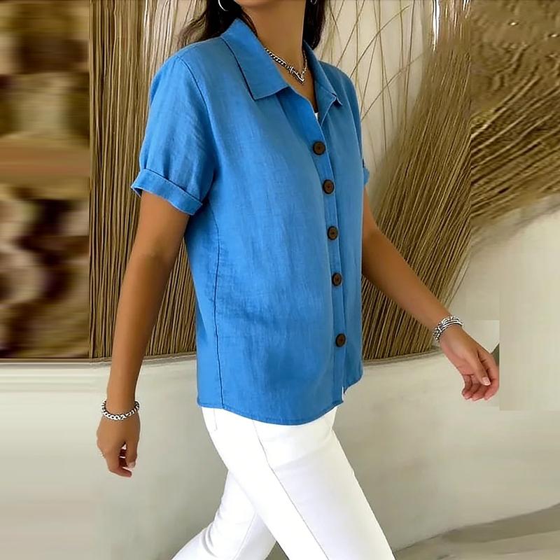 Women's Elegant Summer Cotton Linen Tops Short Sleeve Lapel Button Up Solid Color Loose Shirt Women Casual Blouse Cardigan Tops