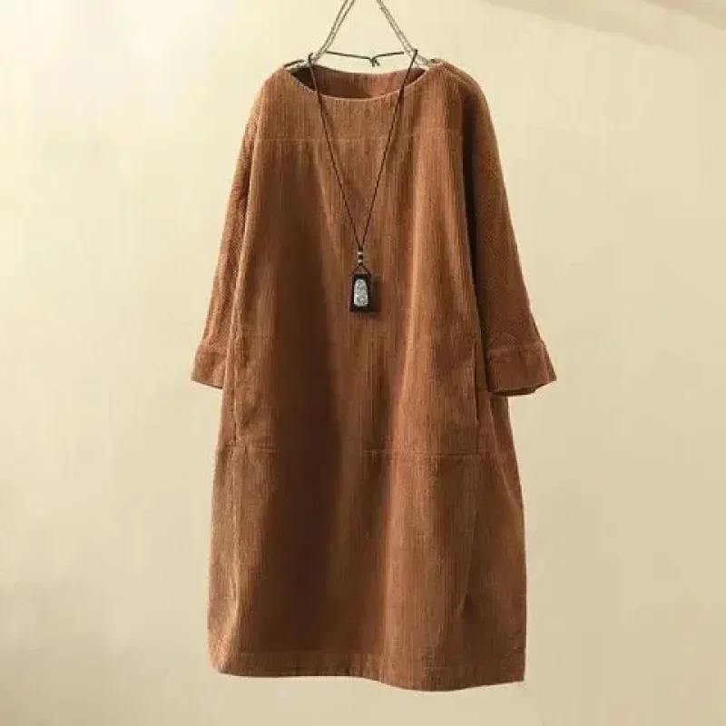 

Autumn/Winter Corduroy Vintage Solid Color Dress Loose-Fit Plus Size Women s Clothing for Plus Size Women S хакі