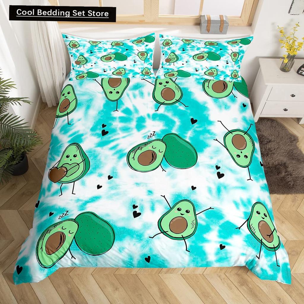 Husă de pilotă verde avocado King Queen Set de lenjerie de pat cu avocado din desene animate Husă de pilota cu fructe Husă de pilotă din poliester cu plante tropicale