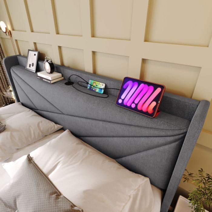 Lit Double Capitonné Tête De Lit Avec USB Type C, Cadre De Lit En Lin Sommier À Lattes (avec Matelas) 160x200