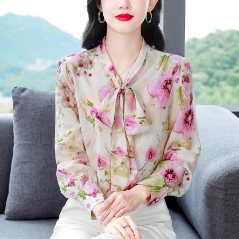 

Французская милая цветочная шифоновая рубашка с длинным рукавом, женская весенняя новинка, ретро-рубашка, рубашка с бантом 3XL