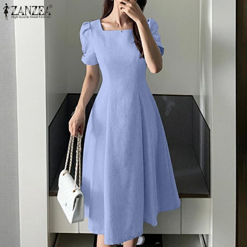ZANZEA Women Casual Square Collar Short Sleeve Summer A-line Dress