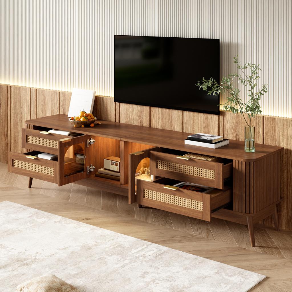 TV Cabinet, Tempered Safety Glass Doors, App-Controllable LED Lighting, Living Room Storage Cabinet, Chipboard, Solid Wood Legs, Four Drawers