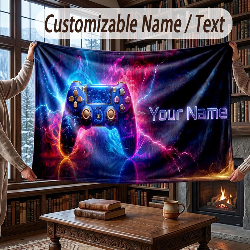 Game Controller Theme Throw Blanket Custom Name Text Personalized Blanket Soft Cozy Blanket for Home Sofa Bed