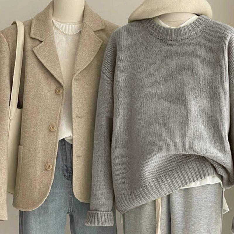 Autumn and Winter Women Soft Waxy Round Neck Cashmere Sweater Women's Loose Sweater Autumn and Winter Short Base Sweater