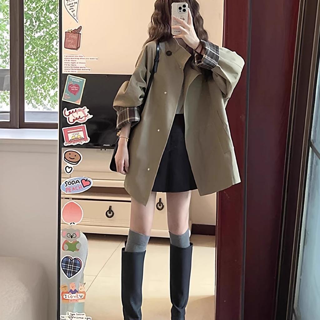 Khaki trench coat women's spring and autumn new Korean version loose and thin medium and long British style coat ins