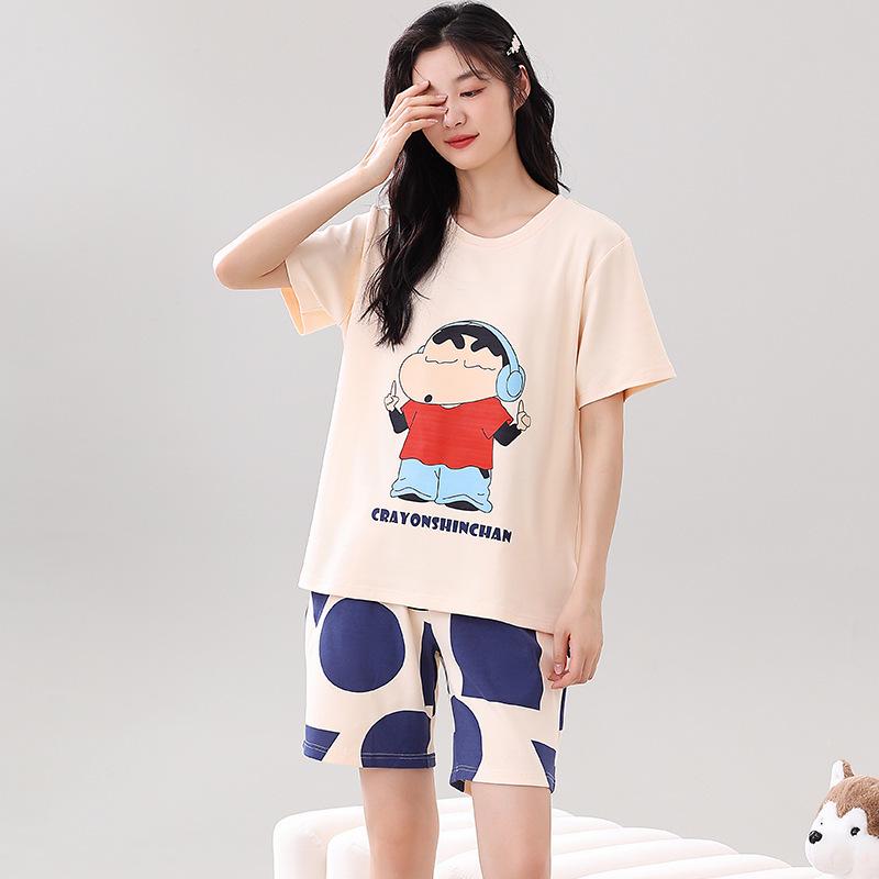 Couple's Summer Cotton Pajama Set: Cute Short Sleeve & Shorts for Women, Wear-Outside Style for Men.