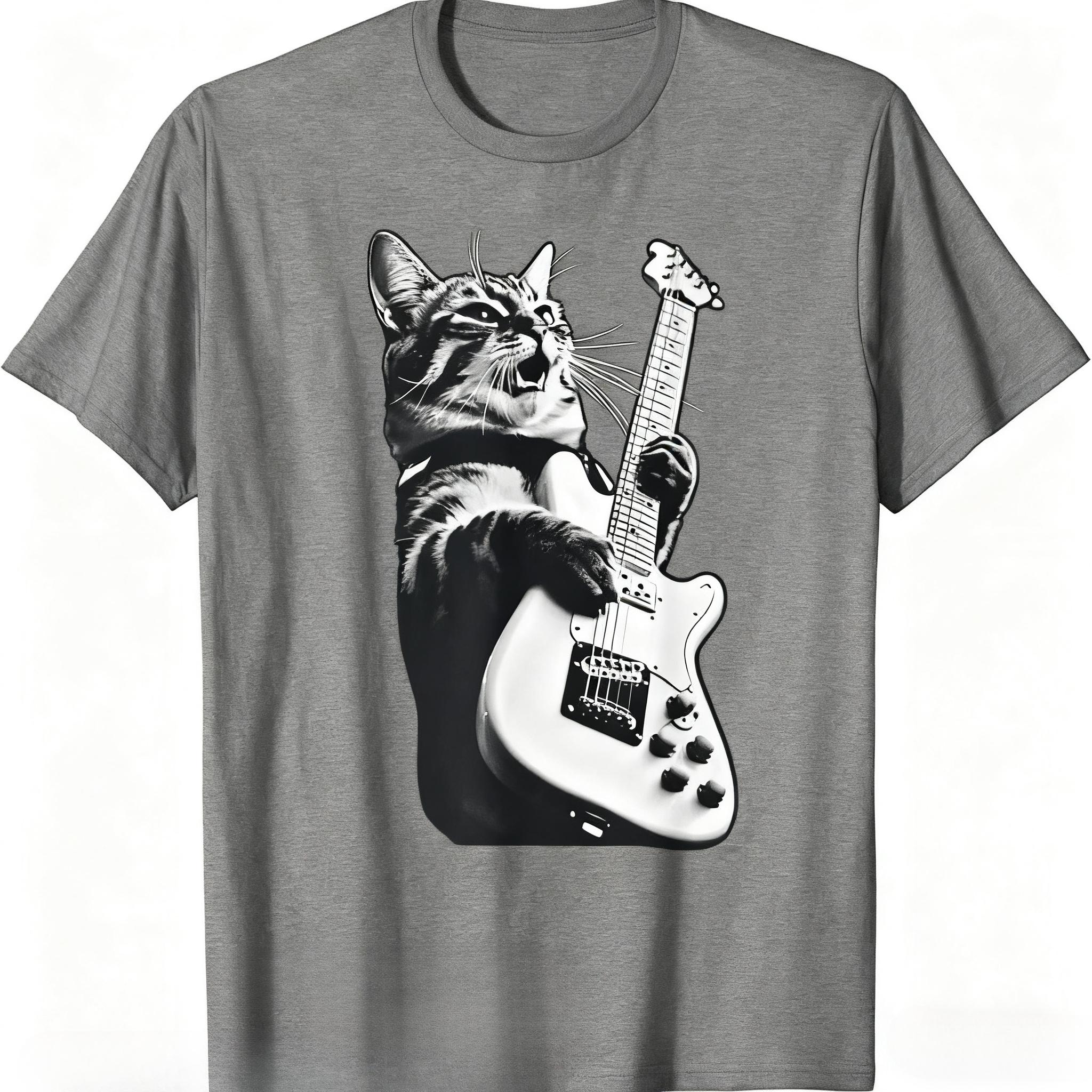 

Rock Cat Playing Guitar Graphic Print Autumn Pure Cotton Men s and Women s T-shirt Short Sleeve Street Fashion Trend Clothing 4XL