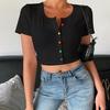 Summer Ribbed Tops Sexy Colorful Buttons T Shirt Short Sleeve Crop Top