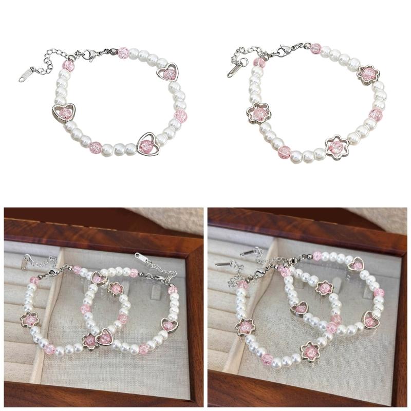 Stylish Bracelet with Heart Shaped Flower Imitation Pearls Wrist Jewelry Adjustable Size Perfect for Daily Wear