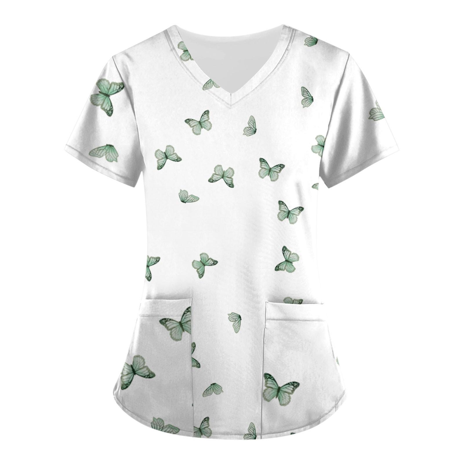 

Женские топы с короткими рукавами и v-образным вырезом с цветочным принтом, рабочая униформа, карманная блузка XXL зелёный