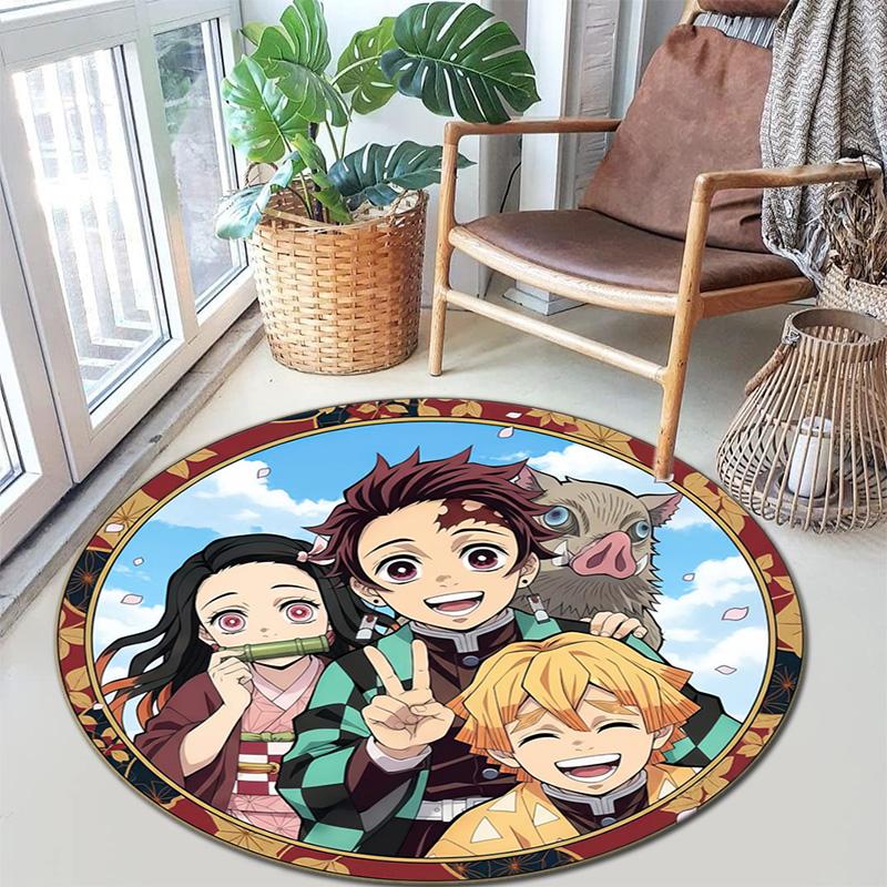Classic Japanese-style Cartoon Demon Slayer Round Rug, Home Soft Decorative Anti-slip Yoga Mat and Chair Mat, Outdoor Floor Mat Carpet K33