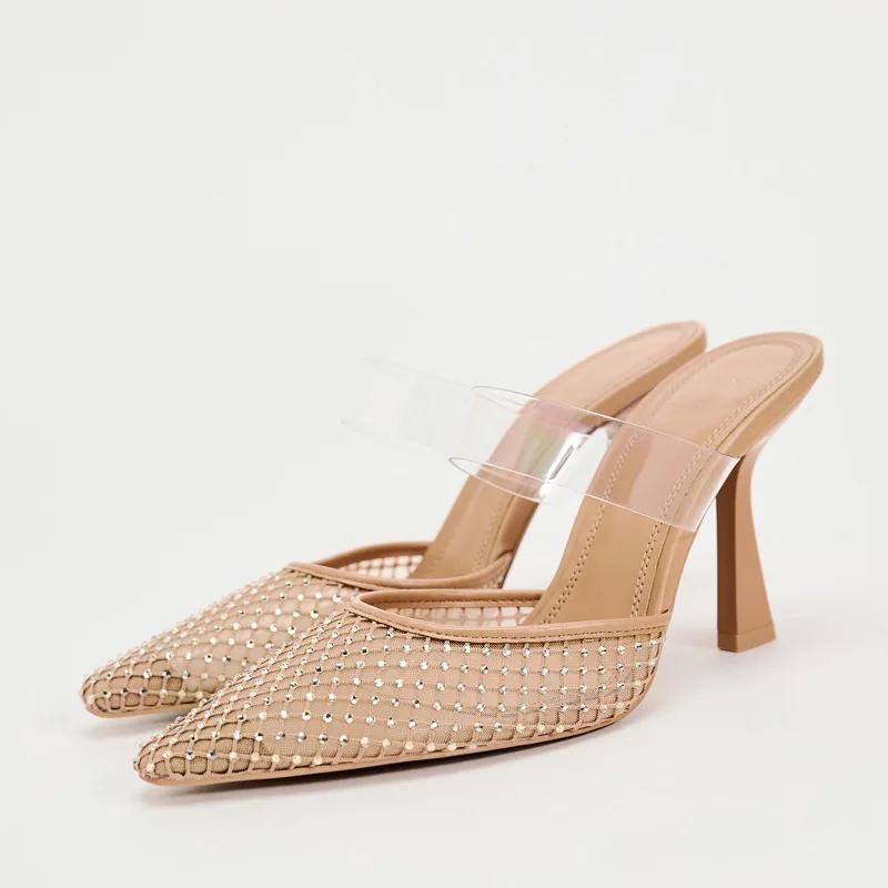 Women High Heels Sandals Summer Elegant Slingbacks Pointed toe Fashion Mesh Rhinestone luxury  Party Lady mules Shoes 36