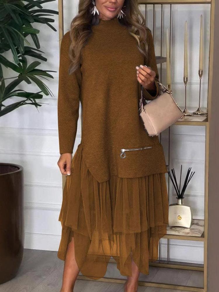 

Повседневное женское платье из сетки пэчворк для осени и зимы 3XL коричневый