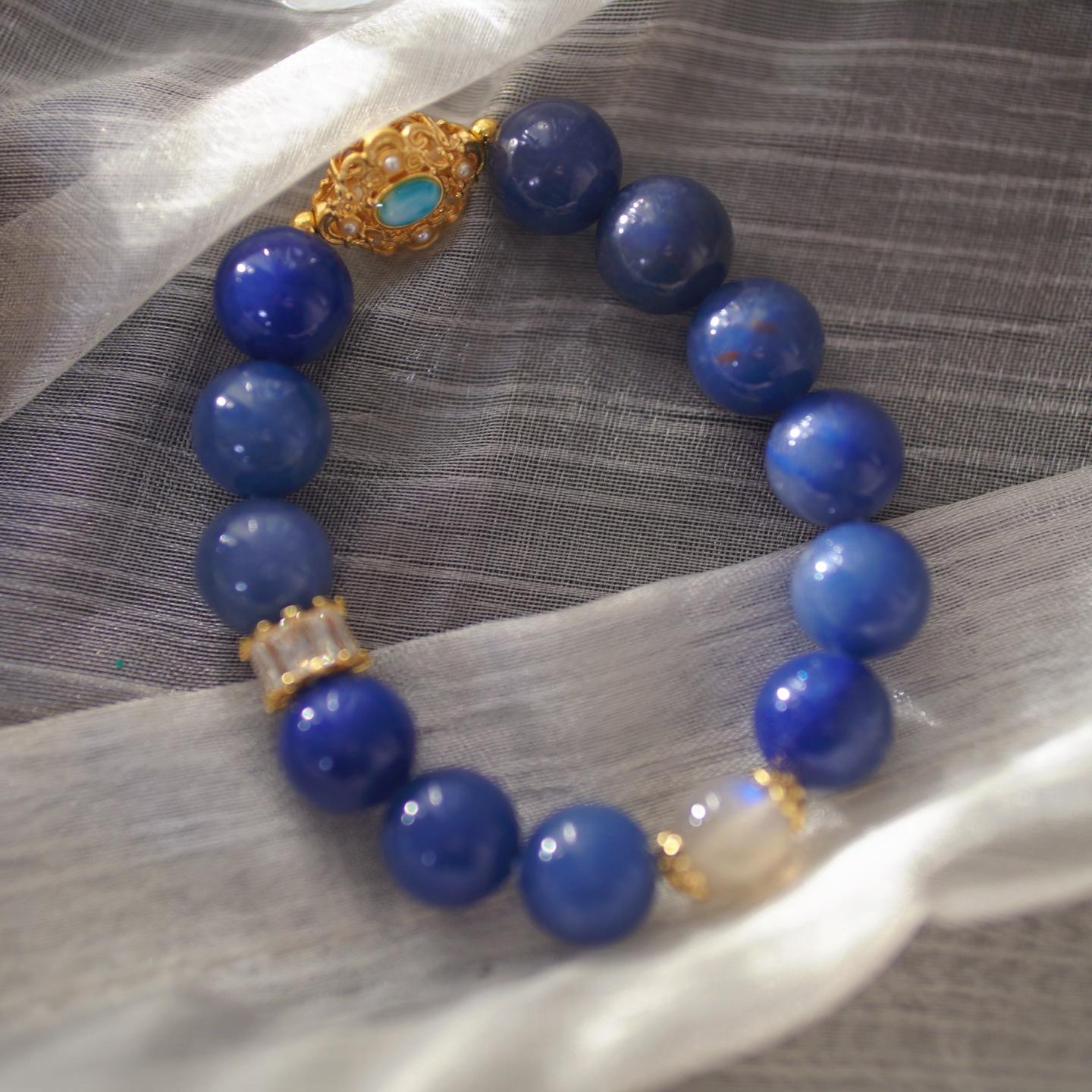 Large Particle Blue Dongling Jade Natural Gray Moonlight Design Sense Contrasting Color Bracelet Bracelet