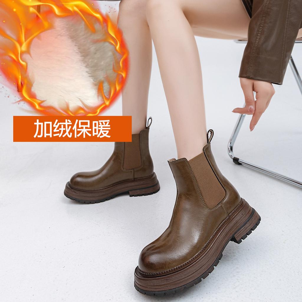 Leather BV Retro Fashion Cigarette Boots Women's Thick-soled Heightening Women's Martin Boots Women's Boots 25 Autumn and Winter New Short Boots