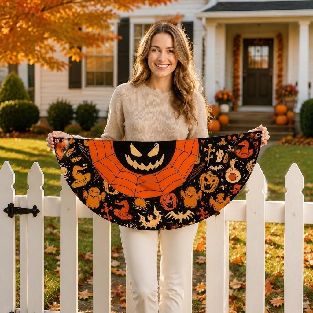 Halloween Half Round Fan Shape Garden Flag, Decorative Bunting for Porch Party Outdoor Decor, 17.7 3.4 Inches