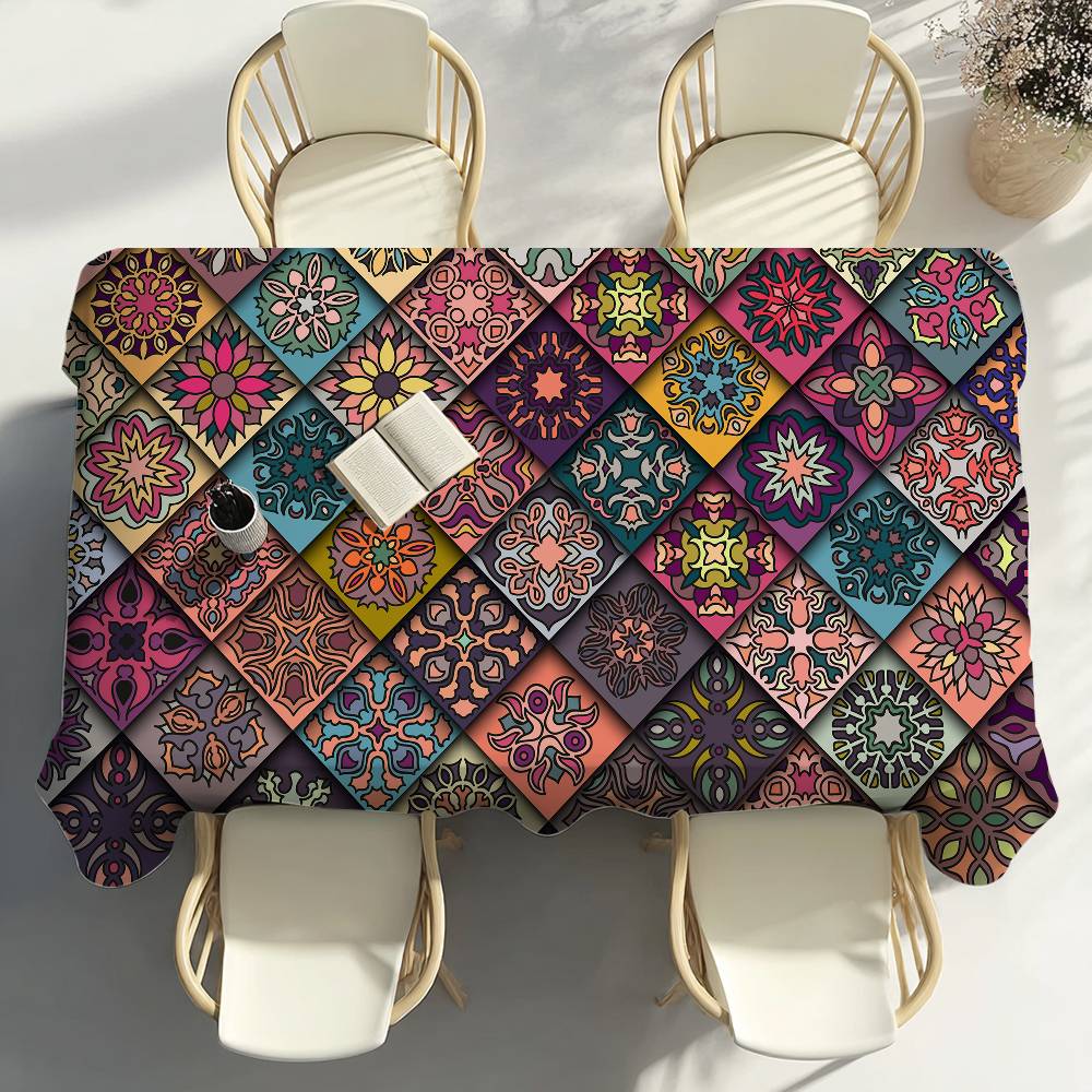 Colorful Mandala Tiles Pattern Table Cloth Party Decor Dining Room Home Kitchen Patios Waterproof Stain-Proof Table Cloth