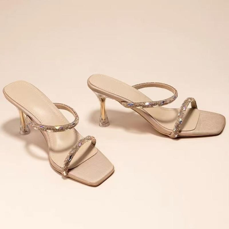 Women's Fashion Slippers 2025 Open-toe Stiletto Sandals with A Crystal-embellished Strap Matching Skirt Party Sequin High Heels