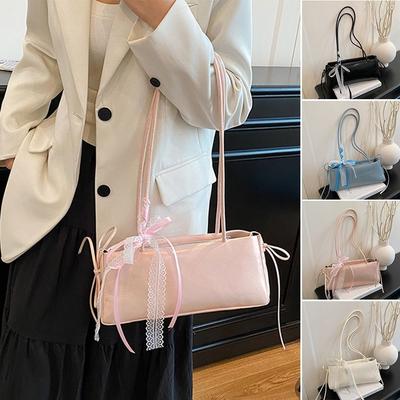 Trendy Multicolor Shoulder Bag PU Leather Large Capacity Underarm Bag with Lace Ribbon Bowknot Versatile Commuting Bag Travel
