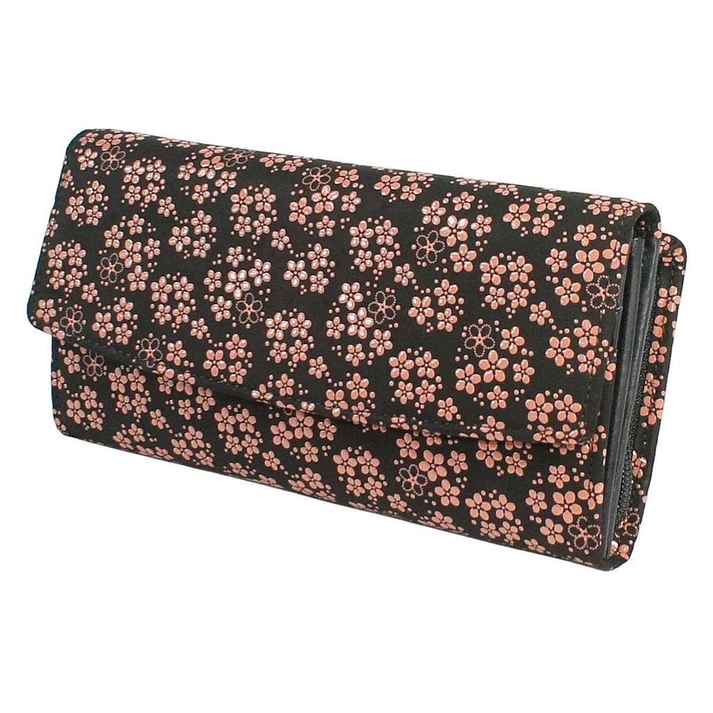 Inden Long Bundle Large Black Background X Pink Pattern [Indenya] Wallet, S, Capacity, Deerskin, Lacquer, Forget-me-not 2310-51-181