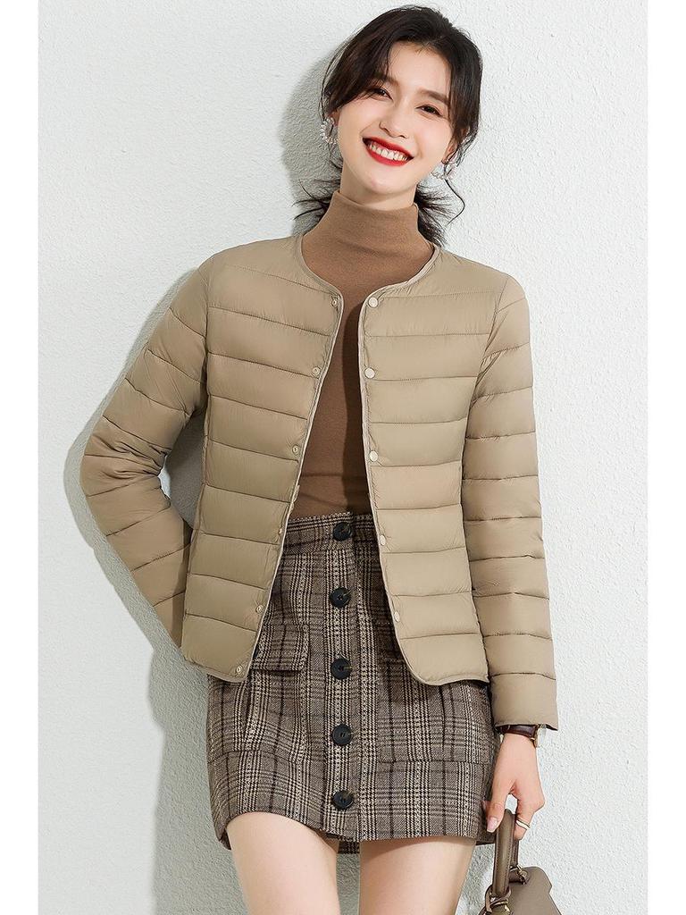 Women's Slim Fit Lightweight Crew Neck Down Jacket - Korean Style Warm Cotton-Padded Coat