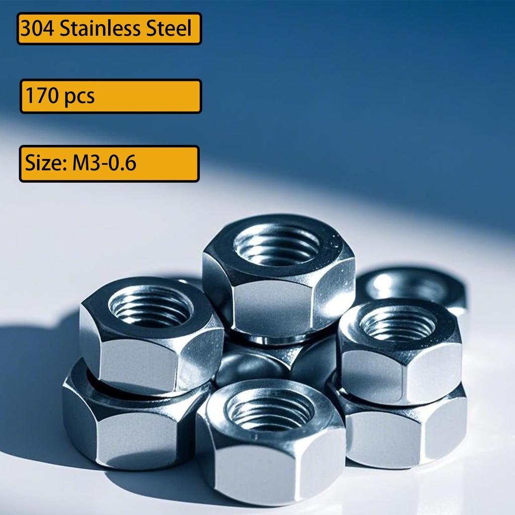 170pcs M3-0.5 Hex Nuts 304 Stainless Steel High Strength Anti-Rust Nut Kit for Machinery, Electronics, Furniture