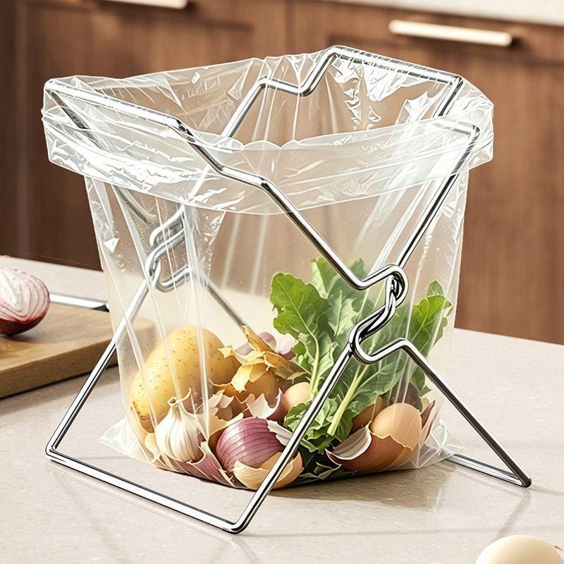 Collapsible Stainless Steel Garbage Bag Holder, Kitchen Countertop Trash Bag Support Rack, Portable Storage Organizer Stand