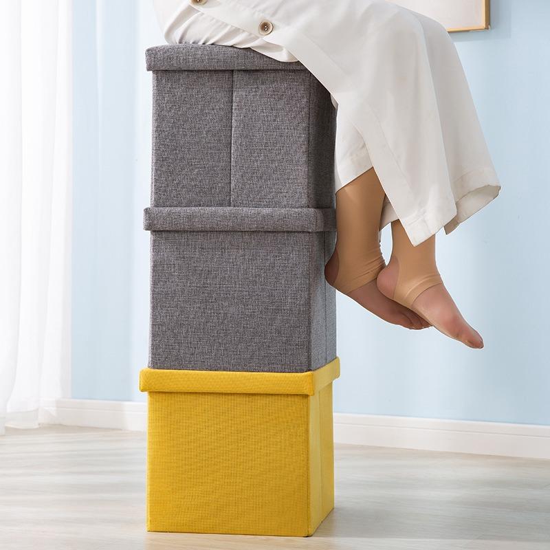 Multi-functional Solid Color Linen Folding Storage Stool, Home Shoe Storage Bench for Living Room & Entryway