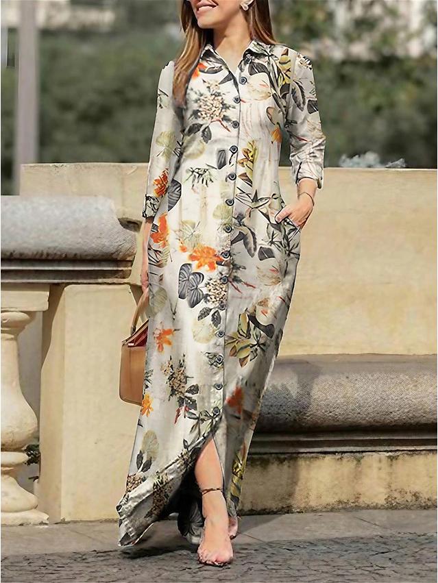 Women's Casual Printed Pocket Button-Down Long Dress with Turn-Down Collar