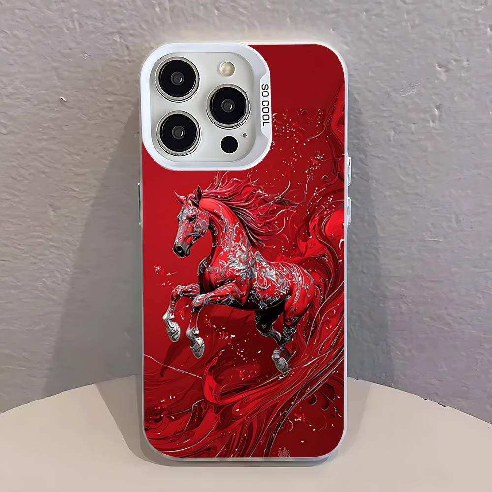 Fashion Chinese-Style Red Horse White Phone Case IMD Color Silver Shell For IPhone 17 16 15 14 13 12 11 Pro Max Plus