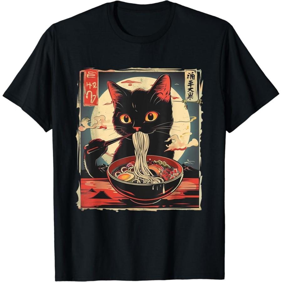 YYUUYUU Retro Japanese Kawaii Cute Cat Eating Ramen Poster T-Shirt S