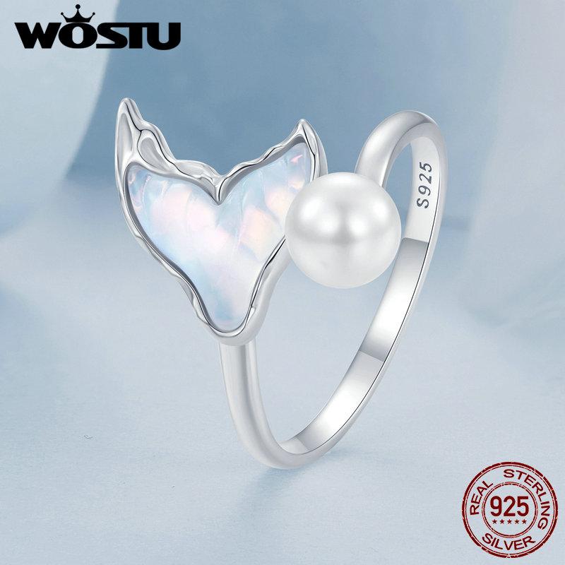 WOSTU 925 Sterling Silver Rainbow Crystal Mermaid Fishtail Pearl Ring For Women Opening Statement Rings Fine Jewelry Party Gift
