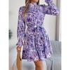 GMXIA Autumn and Winter Elegant Stand-up Collar, Flower-cinched Waist, Long-sleeved Ruffled A-line Dress Women's Clothing